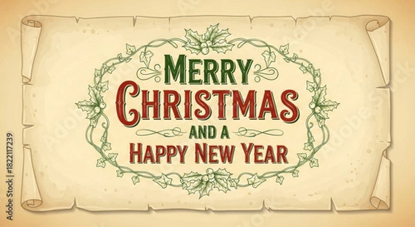 Fototapeta Vintage scroll with 'merry christmas and a happy new year' holiday greeting text art isolated on white background, Vector
