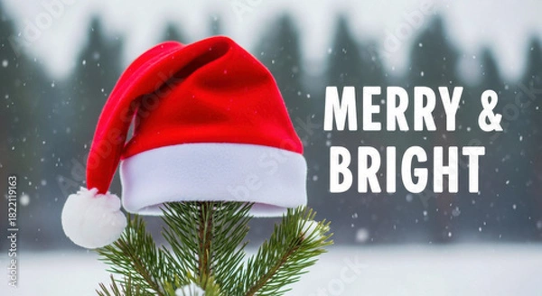 Fototapeta Santa hat on a snowy pine tree with 'merry & bright' text, evoking festive winter holidays. isolated on white background, Vector