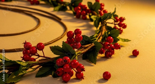 Fototapeta Red berry and green leaf garland with rustic stem on warm golden texture backdrop isolated on white background, Vector