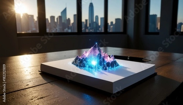 Fototapeta 2026 creative project concept. 3D holographic mountain model on a table with city view behind.