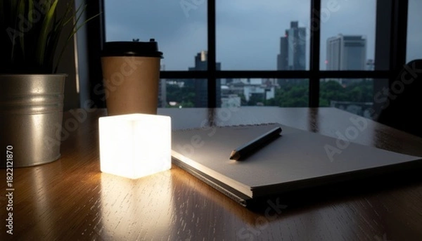 Fototapeta 2026 creative project concept. Cozy workspace with a glowing cube and coffee against a city skyline.