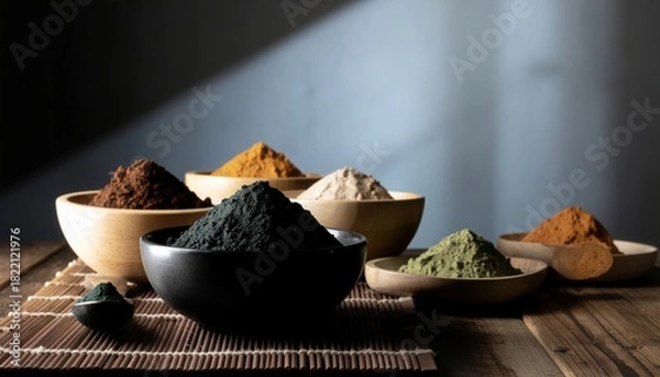 Fototapeta 2026 creative project concept. Various colorful spices arranged in bowls on a wooden surface.