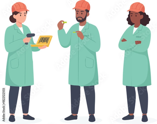 Fototapeta A group of factory workers in lab coats and safety helmets inspect items and scan barcodes as part of a quality-control process