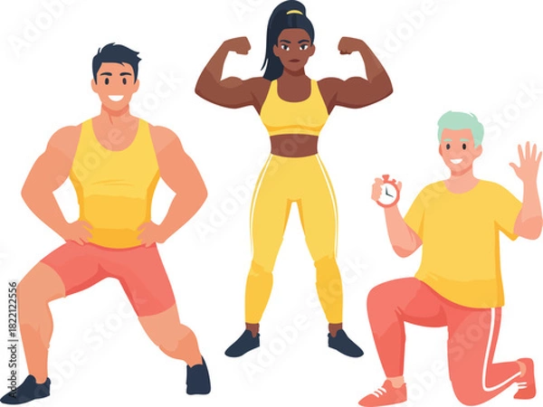 Fototapeta Three diverse fitness athletes demonstrate dynamic workout poses and coaching gestures in bright sportswear, conveying strength, motivation, and active training energy