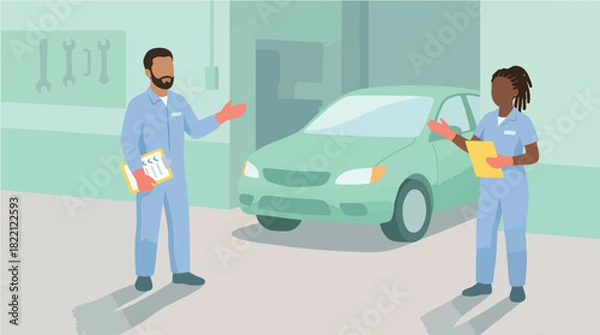 Fototapeta A male and female auto mechanic stand beside a green car in a workshop, discussing repair details while holding clipboards