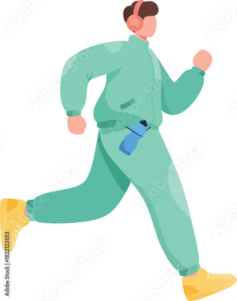 Fototapeta A person in a mint-green tracksuit runs energetically with headphones on, holding a water bottle at their waist during a casual outdoor jog