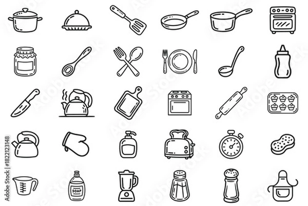 Fototapeta A cute kitchen doodle icon set featuring 30 hand-drawn cooking and baking elements, including pots, pans, cutlery, knives, whisks, kettles, appliances, jars, trays, timers, cleaning tools, gloves.