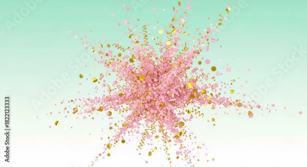 Fototapeta Pink and gold confetti explosion on a light mint gradient background, festive celebration design isolated on white background, Vector