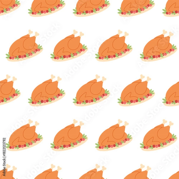 Fototapeta Seamless pattern with roasted turkey on a platter. Festive Thanksgiving food illustration in warm autumn colors. For background, banner, wrapping, textiles, packaging, holiday design. Flat vector.