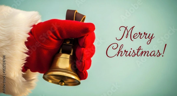 Fototapeta Santa's hand in red glove rings a festive brass bell with 'merry christmas!' text isolated on white background, Vector