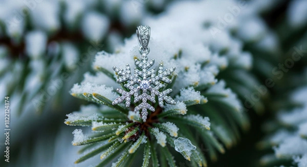 Fototapeta Elegant snowflake pendant with sparkling gems on a frost-covered evergreen branch in winter isolated on white background, Vector