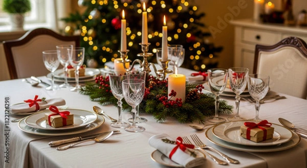 Fototapeta Elegant christmas dinner table setting with flickering candles and festive holiday atmosphere. isolated on white background, Vector