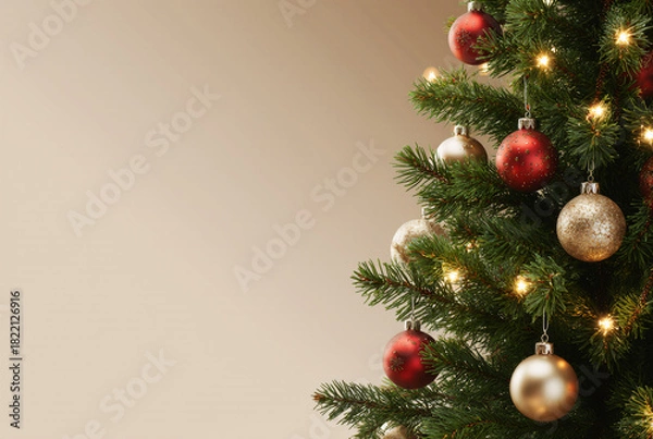 Obraz Festive christmas tree with red and gold ornaments and twinkling lights