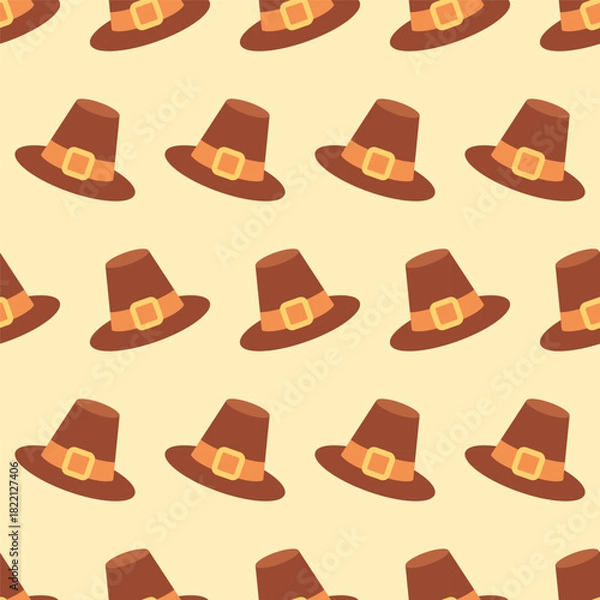 Obraz Simple seamless pattern with repeating pilgrim hats in warm autumn colors, creating a festive Thanksgiving background. For banner, wrapping, textiles, packaging, holiday design. Flat vector.