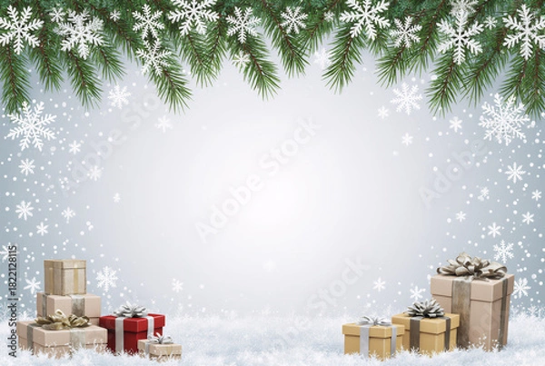Fototapeta Festive winter background with snowflakes and pine branches