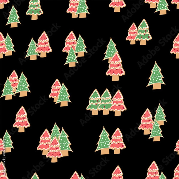 Fototapeta A playful seamless pattern featuring hand-drawn Christmas trees in traditional colors on a black background, great for modern holiday gift wrap, cards, and textiles.