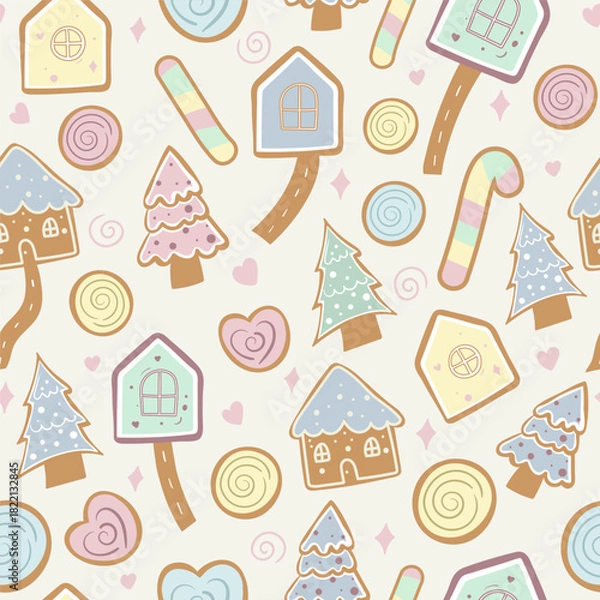 Fototapeta A whimsical Christmas seamless pattern with pastel houses, candy canes, trees, and holiday treats, perfect for children’s products, gift wrap, fabric, and stationery.