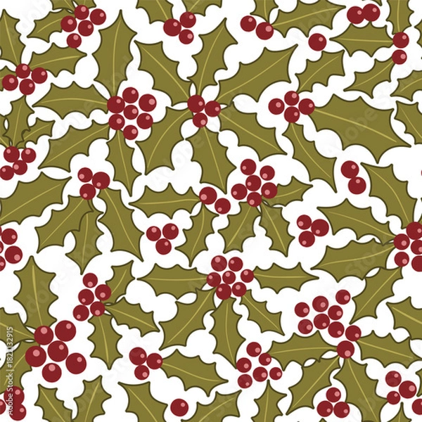 Fototapeta A cheerful Christmas seamless pattern with holly leaves and berries on a light background, ideal for gift wrap, cards, scrapbook projects, and winter holiday decorations.