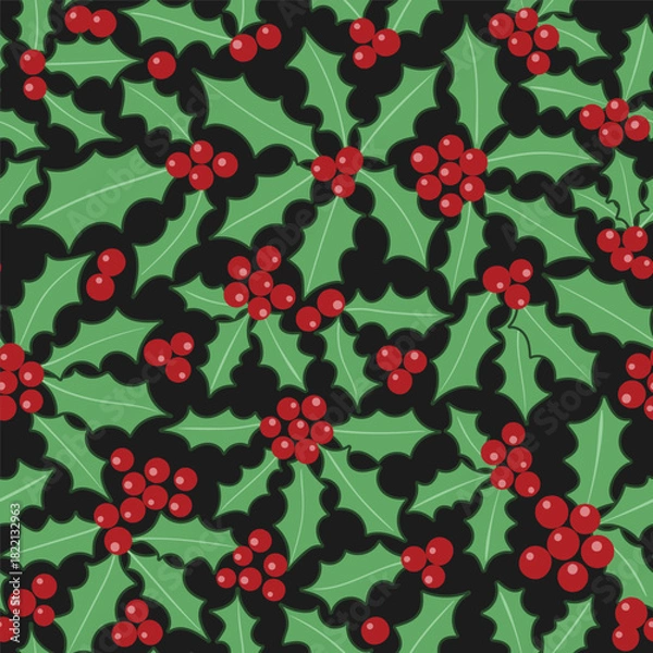 Fototapeta A festive seamless Christmas pattern featuring red berries and holly leaves on a deep green background, perfect for holiday packaging, textiles, gift wrap, and seasonal stationery.