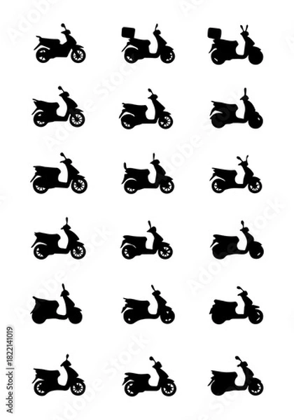 Obraz  Black Scooter Silhouette Vector Graphics Pack Moped Illustrations with Top Boxes, Motor Scooter Cutouts, & Urban Delivery Vehicle Design Clipart