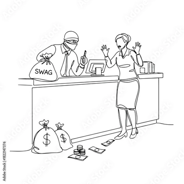 Obraz Bank robbery scene shows a robber demanding money from cashier while threatening at gunpoint. Bank robbery with robber holding moneybag with SWAG writing.