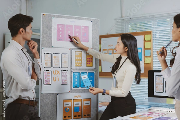 Obraz UX UI design team brainstorming ideas and presenting mobile application wireframes during an office meeting for new project development