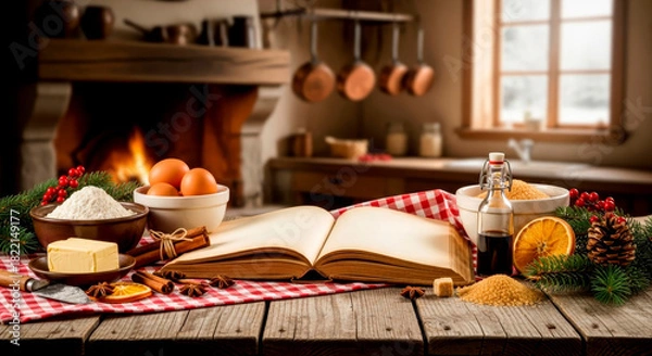 Obraz  Cozy Christmas atmosphere in the kitchen with a book of Christmas recipes surrounded by dairy products, eggs, flour, fragrant spices for Christmas baking