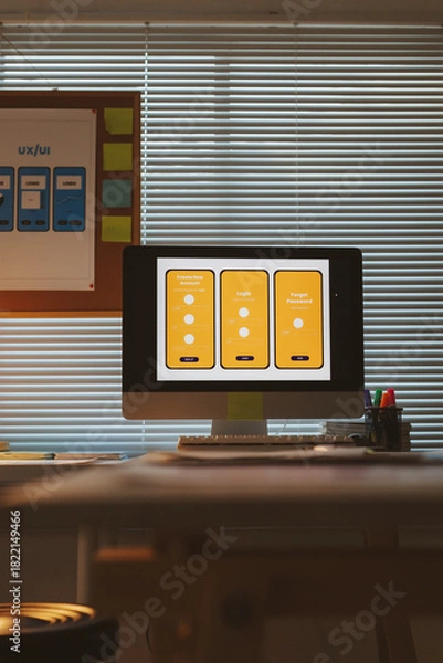 Fototapeta Desk with a computer screen displaying UIUX design mockups for mobile applications, illustrating the development process