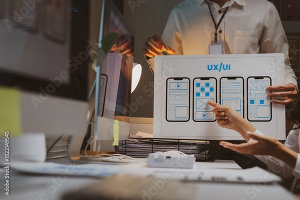 Fototapeta Professional team collaborating on mobile user experience and user interface development, analyzing wireframes and design mockups