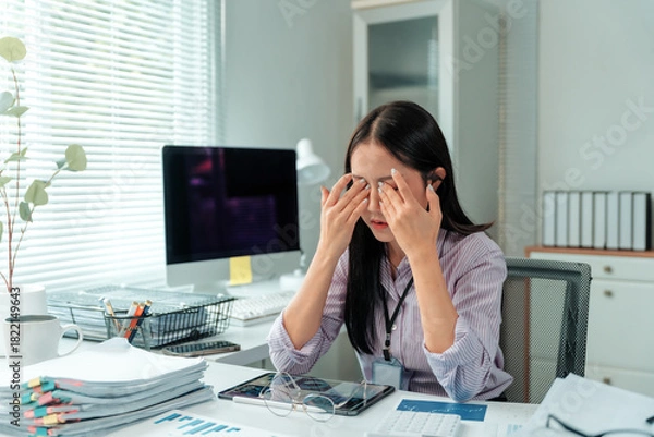 Fototapeta Overworked businesswoman rubbing tired eyes at her office desk, feeling stress and burnout from long hours and computer work