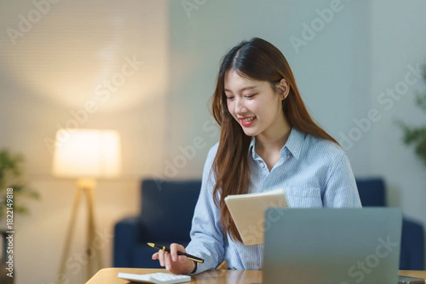 Fototapeta Young Asian woman working from home, smiling while calculating personal finances and managing her budget