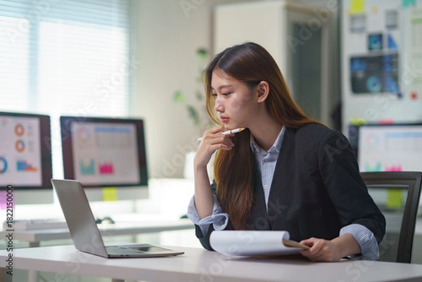 Fototapeta Young Asian businesswoman analyzing data on laptop and holding reports, thinking during a financial review in a modern office