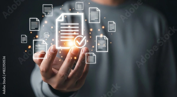 Obraz Hand Holding Digital Documents with Checkmark Data Management Information Workflow Cloud Storage File Security and