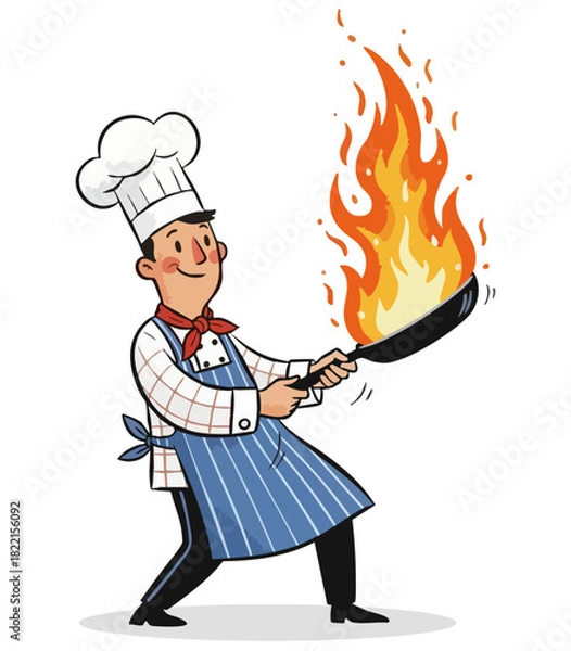 Fototapeta Dynamic chef flambeing food with fire in frying pan. Professional cook demonstrating culinary performance. Vector illustration of chef cooking with flames. Happy chef masterfully using frying pan 