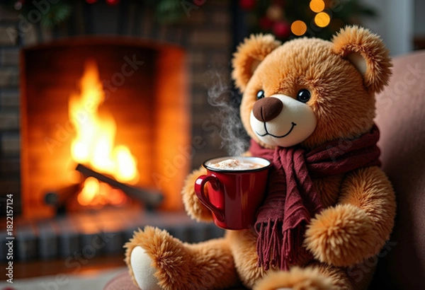 Obraz Plush bear drinking hot cocoa by fireplace, cozy humorous tone.