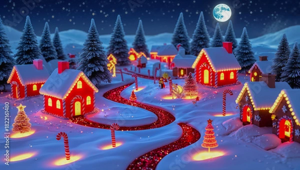 Fototapeta AI-generated image of a winter wonderland of Christmas spirits, where gingerbread houses and a river come to life