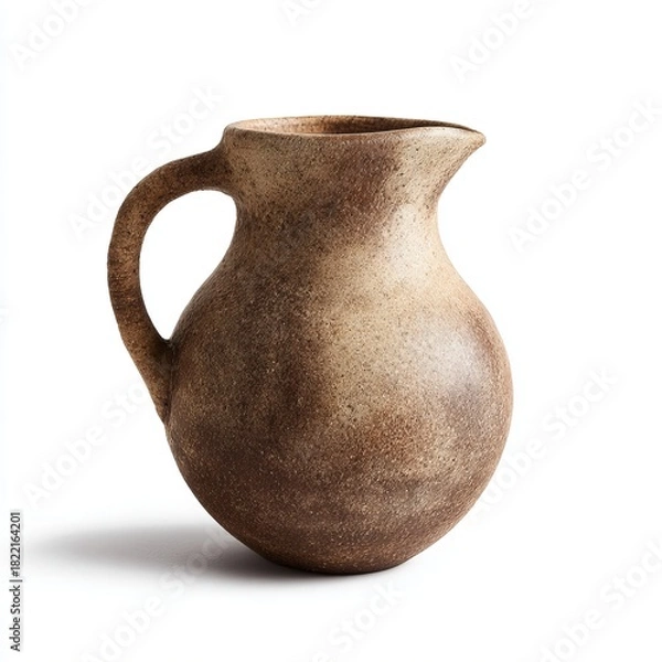 Fototapeta Rustic ceramic jug with handle on white background