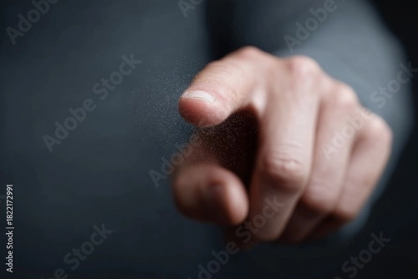 Fototapeta Hand pointing a finger towards the camera, close up shot with dark, blurry background and glowing particles. Hand pointing forward