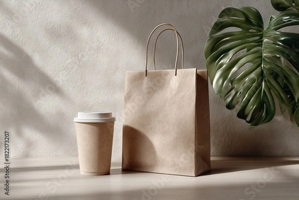 Fototapeta Blank kraft paper bag mockup, standing with a coffee cup on a wooden table, next to a large monstera plant in strong sunlight. Packaging template, natural and aesthetic display in a sunlit interior.
