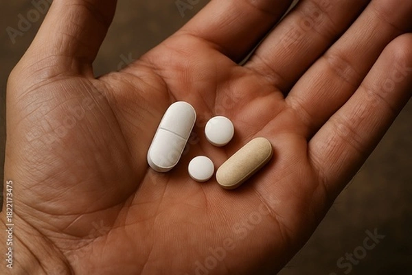 Obraz Person hand displaying collection of white and beige pills, emphasizing variety of medication forms available. Close-up of palm. Man takes medicine. For medical or pharmaceutical materials