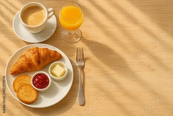 Obraz Traditional French breakfast with cup of coffee, glass of orange juice, croissant, butter, jam and fork on wooden table. Simple and elegant morning meal. Continental breakfast in popular modern hotel