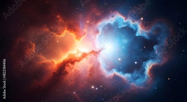 Fototapeta Vibrant cosmic nebula with swirling clouds of red and blue gas illuminated by distant stars and galaxies