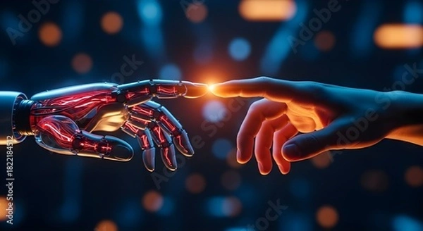Fototapeta Human and robotic hands reaching out to touch symbolizing the connection and collaboration between artificial intelligence and humanity in a futuristic digital world