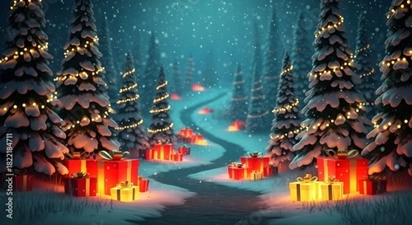 Fototapeta Magical winter forest path lined with glowing christmas trees and presents under falling snow