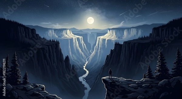 Obraz Person Admiring Grand Canyon at Night Under Full Moon