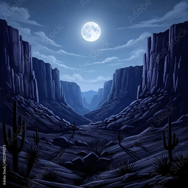 Obraz Desert Canyon Landscape at Night with Full Moon and Cacti