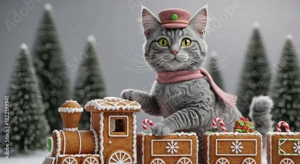 Fototapeta Cat sitting on gingerbread train with Christmas trees in background — ideal for holiday, festive and cozy home content.