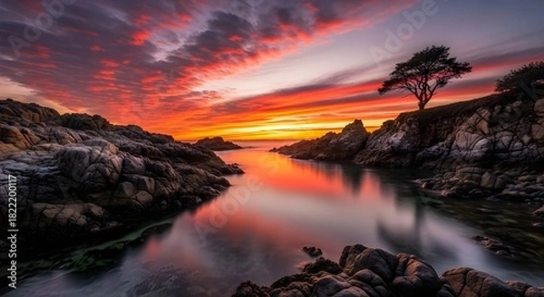 Obraz Beautiful sunset over still water with rocks and lone tree in California
