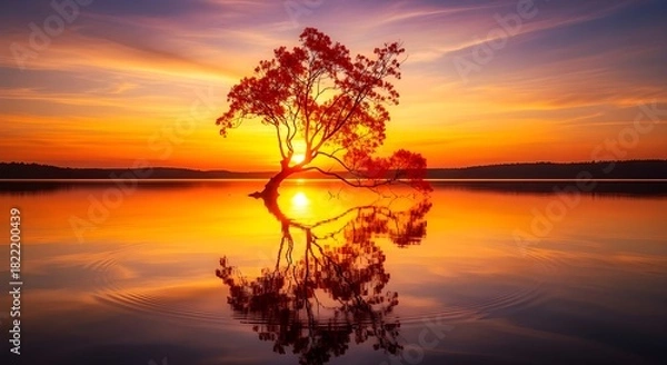 Obraz Fiery sunset reflects on lake surface with silhouetted tree