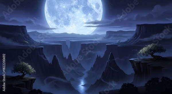 Obraz Cartoon canyon landscape with giant moon and whimsical trees at nighttime